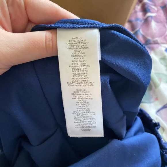 ADRIANNA PAPELL Off Shoulder Crepe Jumpsuit With Lace Bodice Navy Blue Size 2 - Picture 9 of 10